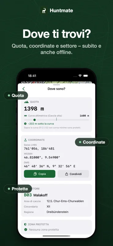 Where are you? Elevation, coordinates and hunting sector — instantly, even offline