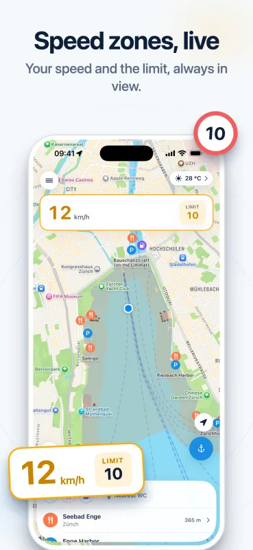 Speed zones, live — your speed and the limit, always in view
