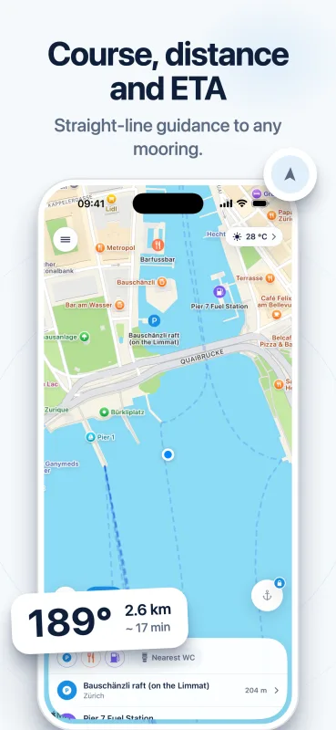 Course, distance and ETA — straight-line guidance to any mooring