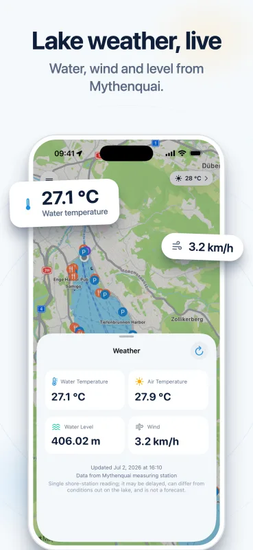 Lake weather, live — water, wind and level from Mythenquai